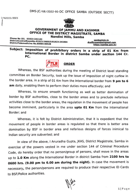Imposition of prohibitory orders in a strip of 01 Km from International Border in district Samba under section 144 Cr.